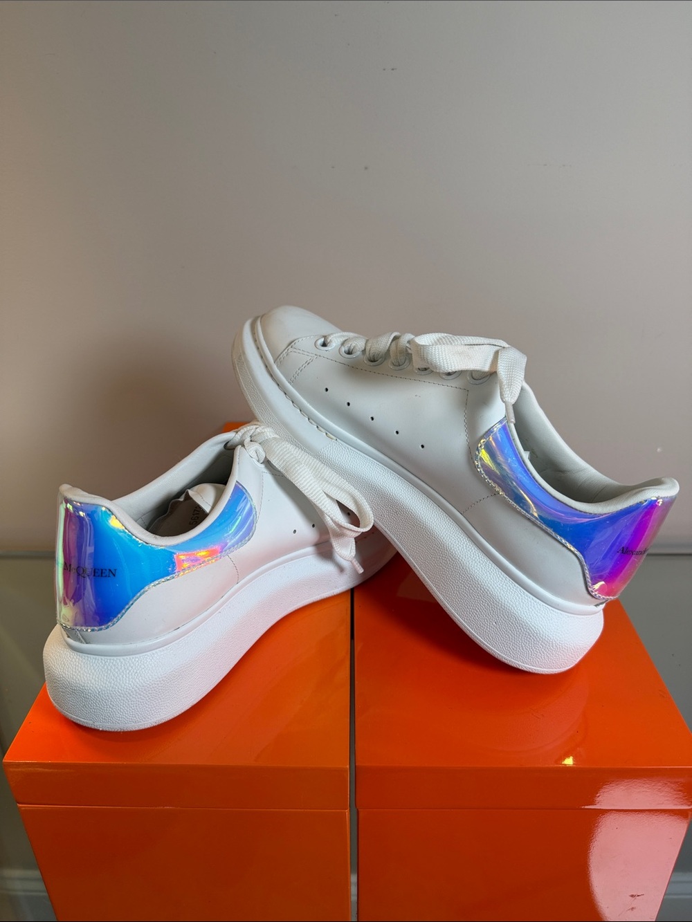 White Platform Sneakers with Iridescent Heel Accent